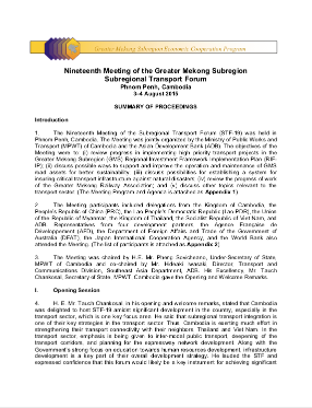 Summary of proceedings from the Nineteenth Meeting of the Greater Mekong Subregion Subregional Transport Forum